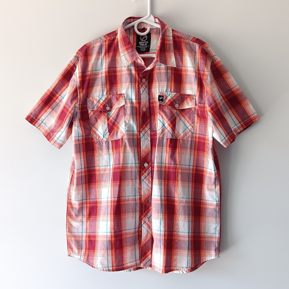 South Pole Short-Sleeve Button Down Shirt Plaid Red Orange White Blue XXL